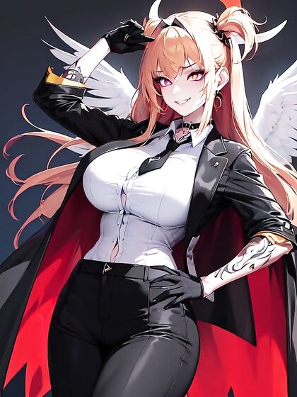 Elegant Woman in Tuxedo with Light Brown Skin and Earrings Seduces in Hentai Fantasy