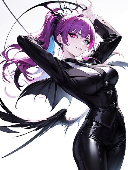 Intricately Tattoosed Face with Floating Halo in Seductive Arms-Crossed Hentai Scene