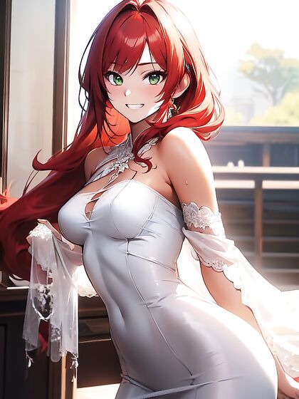 Bridal Bliss: Grinning Bride in Perfectly Fitted Wedding Dress Hentai Fantasies