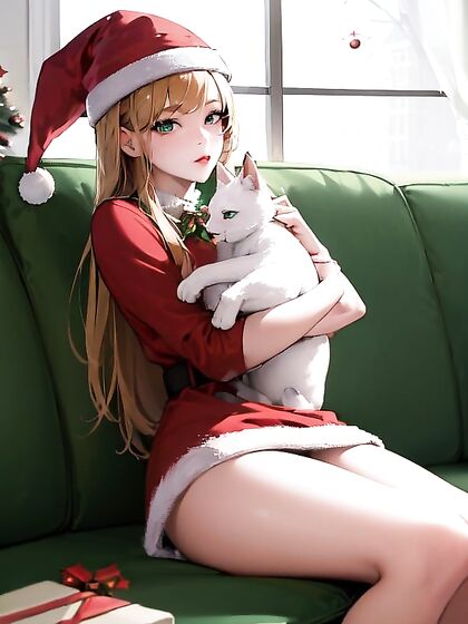 Cuddly Hugging Cat Enjoying Naughty Christmas Fun on the Sofa
