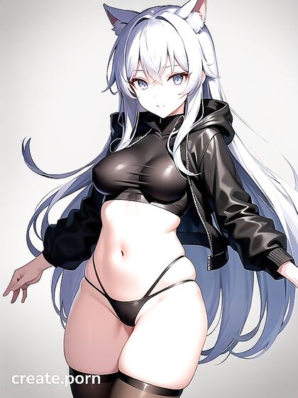 CatGirl 18+ with Blue-Gray Hair Teased in Black Panties and Stockings on the Pier