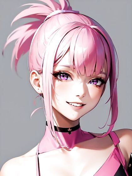 Smiling Pink Ponytail Babe Poses Seductively for the Camera in Hentai AI Action
