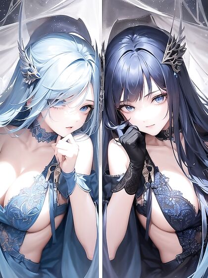 Wearing a Blue Dress and Long Angel Wings for Sensual Glove Play Hentai Pleasure