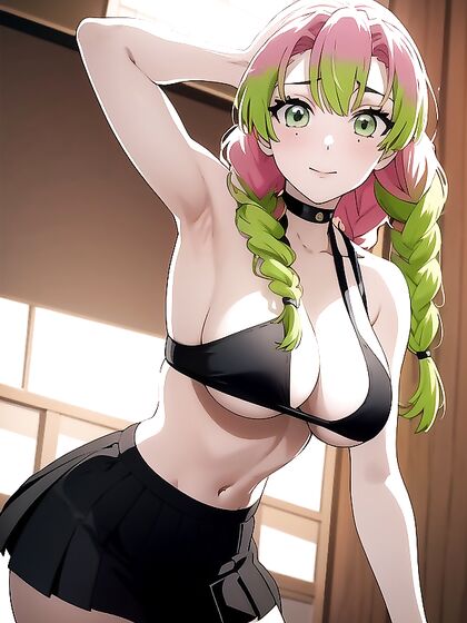 Mitsuri Kanroji from Demon Slayer Wearing Choker and Sporty Shorts in Hentai Action