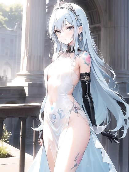 Girl 18+ in Light Blue Dress Wearing Diadem Stands for Seductive Hentai Pleasure
