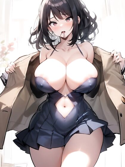 Bobcut Beauty Leans Forward with Arms Raised in Seductive Hentai Action