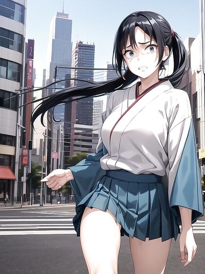 Japanese Cityscape Escape: Running Away Pose in Front of Busy Streets and Neon Signs