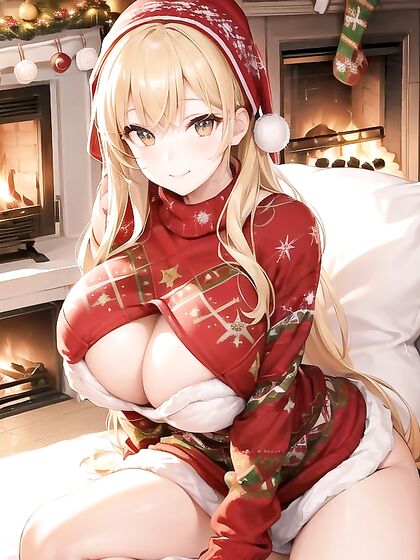 Cute Girl 18+ with Cheery Smile Enjoying a Cozy Night by the Fireplace in Anime Bliss