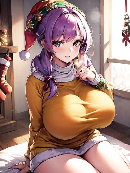 Sweater-clad Busty Beauty Enjoys Festive Fun in Cozy Hentai Scene
