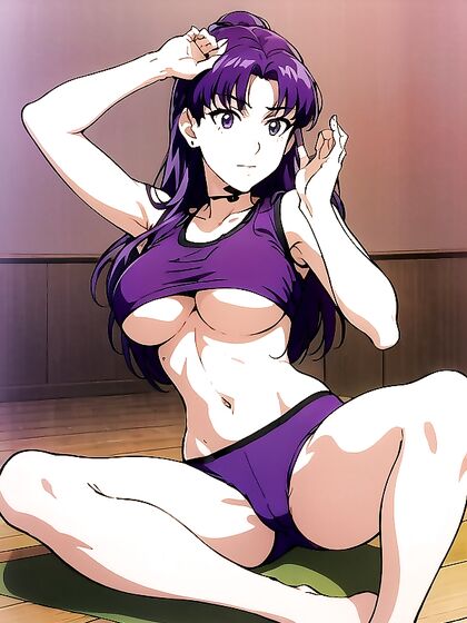 Misato from Evangelion Shows Off Her Underboob and Rainbow Panties in Hot Hentai Action