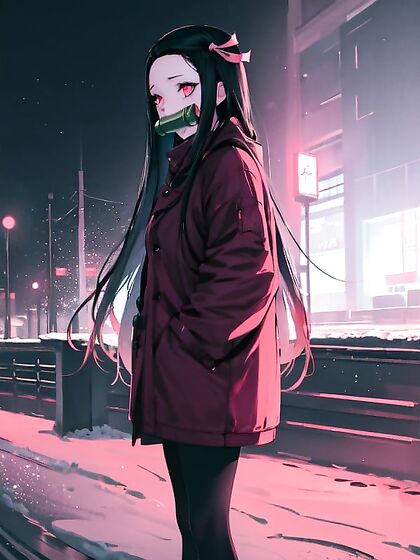 Nezuko from Demon Slayer Illuminated by Distant City Lights in a Wintry hentai Scene