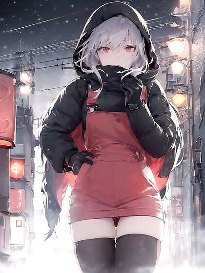 Cute Girl 18+ with Striking Red Eyes Amidst Neon Lights and Gentle Snowfall in hentai AI Porn