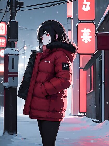 Cute Girl 18+ with Striking Red Eyes Standing Solitary in Snowy Beauty Hentai AIPorn