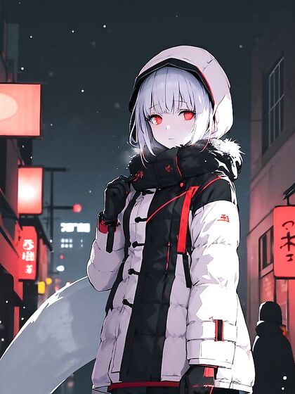 Stylish Winter Outfit, Fur Lined Hood, Gloves on Dimly Lit Tokyo Night Street Hentai Scene