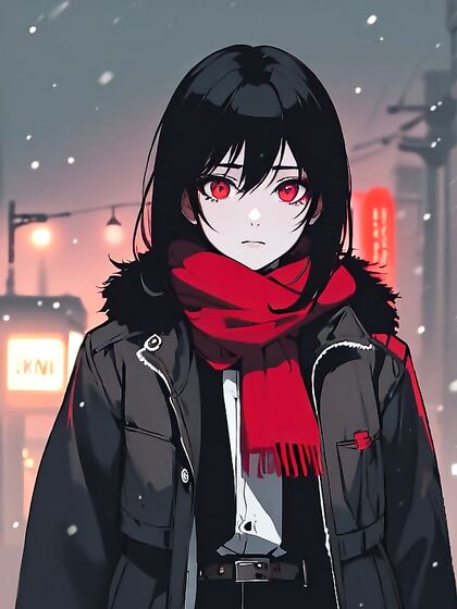 Cute Red-Eyed Girl 18+ Stands Alone on a Snowy Tokyo Street at Night in hentai AIPorn