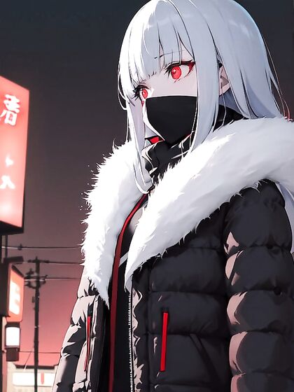 Cute Girl 18+ with Glowing Red Eyes Shines Amidst Dark Winter Streets in Cinematic Hentai Mastery