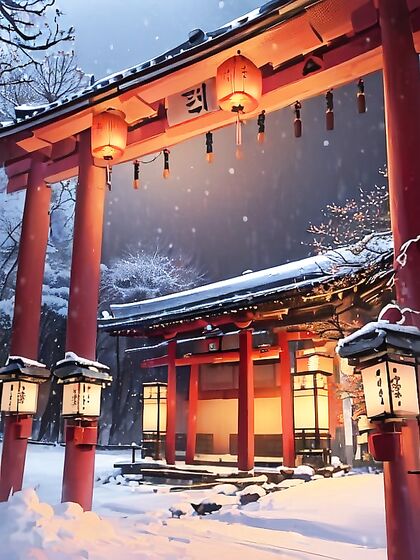Smiling Beauty Poses by Snowy Japanese Shrine with Lanterns in Seductive Hentai Scene