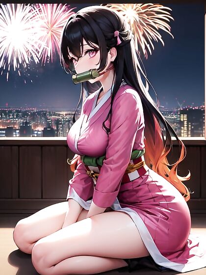 Nezuko from Demon Slayer with Her Hair Tied into a Bun for Erotic Night Hentai Scenes