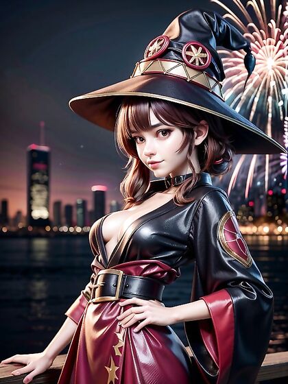 Megumin in Isekai Quartet Dressed in Vibrant Kimono Under Explosive Fireworks
