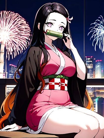 Nezuko from Demon Slayer Enjoying Intimate Moments Under the Tokyo Skyline
