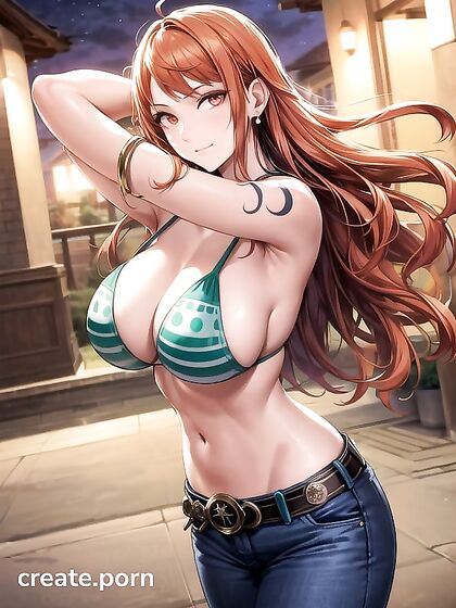Nami Explodes with Pleasure Amidst Vibrant Fireworks Background