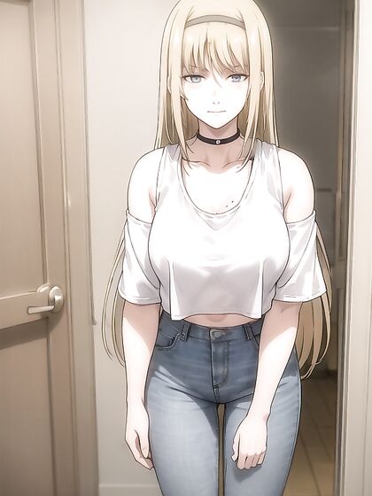 Mischievously Smiling and Blushing in Jeans and Crop Top Hentai Fun