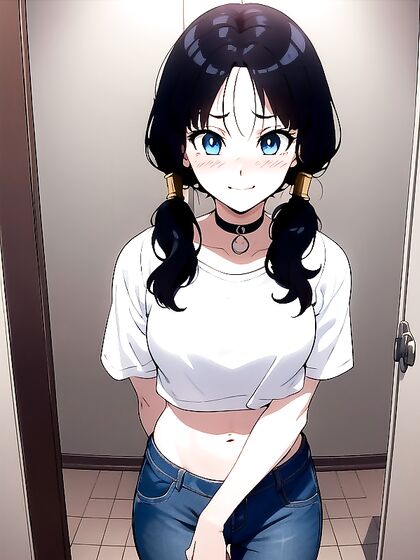 Mischievous 18-Year-Old Smiles and Blushes in Choker-Themed Hentai Pleasure