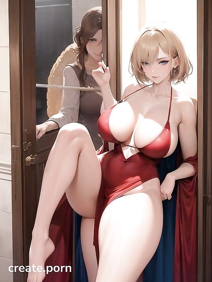 Fully Clothed Woman with Colossal Breasts by the Hotel Pool in Anime hentai Action