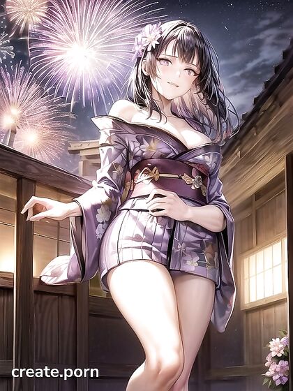 Hinata Glows in Fireworks at the Cherry Blossom Festival: Kimono Hentai Bliss