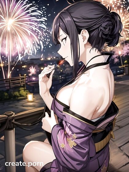 Kimono Clad Beauty Reveals Thighs Amidst Vibrant Firework Explosions