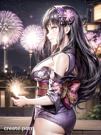 Sakura Blossoms Lit by Fireworks: A Stunning Side View Hentai Experience