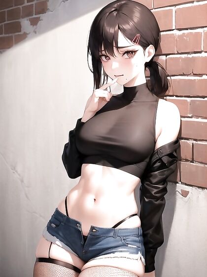 Wearing a Form-Fitting Black Crop Top with Metal Band Logo for Steamy Hentai Action