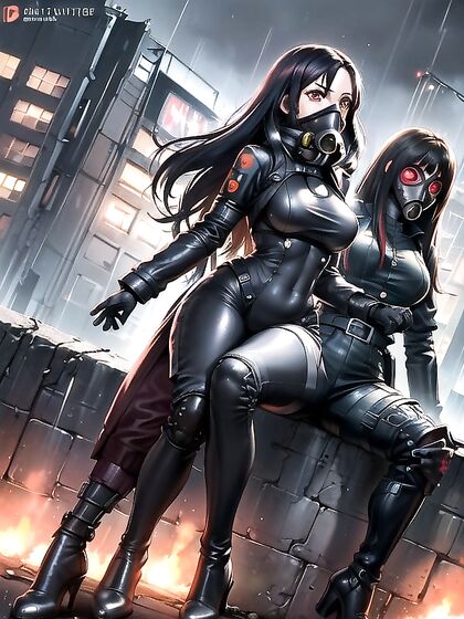 Raven-Haired Beauty in Fur Coat and Gas Mask Drenched by Rain for Erotic Hentai Pleasure