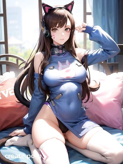 D'Va from Overwatch Turns into a Sexy Cat Girl 18+ in Oversized T-Shirt Hentai Fun