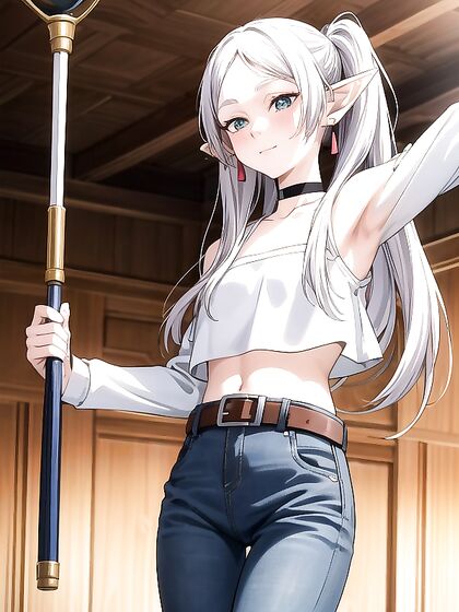 Mischievously Smiling While Blushing in Jeans and Choker for naughty Hentai Fun