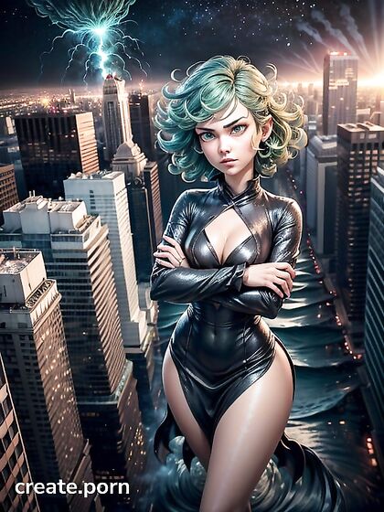She Flies Above the Chaos as a Giant Tsunami Sweeps Through the City in Hentai AI Image