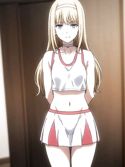 Blushing Mischievously in a White Cheerleader Outfit for Steamy 18+ Hentai Action