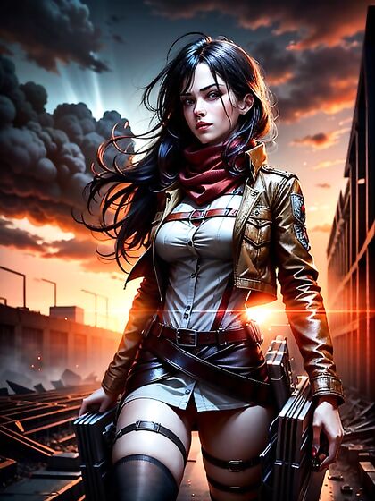 Mikasa Ackerman Amidst Smoldering Ruins in Intense Hentai Action