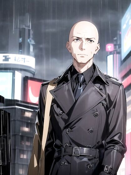 Happy Bald Guy Exploring Pleasure in Futuristic Cyberpunk City Hentai