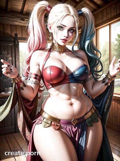 Harley Quinn's Green-Eyed Seduction in Vibrant Purple-Haired Hentai Ecstasy