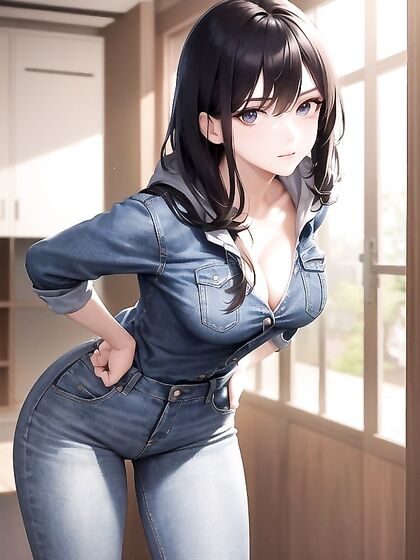 Leaning Forward in Tight Jeans Showing Off Cleavage for Steamy Hentai Action