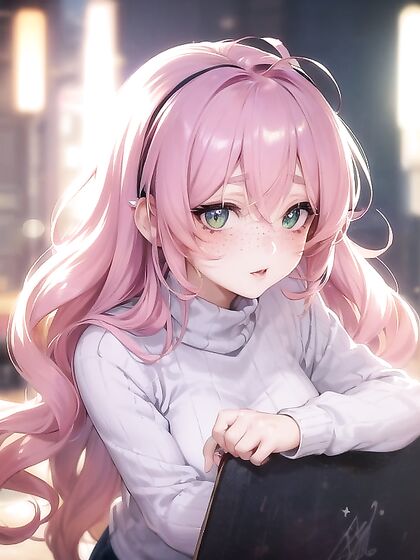 Vibrant Pink Lips andVintage Anime Sweater in Grainy Hentai AI Action