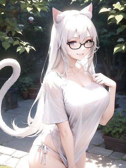 Cat Girl 18+ with Large Breasts Seductively Wears Oversized T-Shirt in steamy Hentai Scene