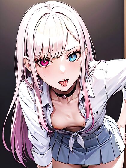 Detailed Rainbow Eyes Anime Chick Shows Off Her Skirt and Seductive Tongue Play
