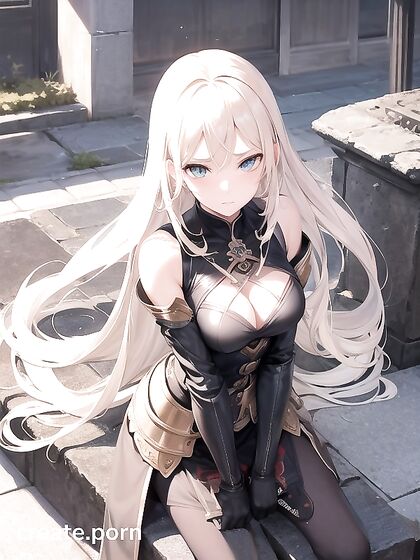 Green-Eyed Warrior with Armoured Seduction in Erotic Arms-Crossed hentai