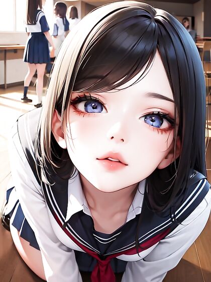 Two Girl 18+s Pose Intimately: One Kneels While the Other Sits in Seductive Front View Hentai Scene