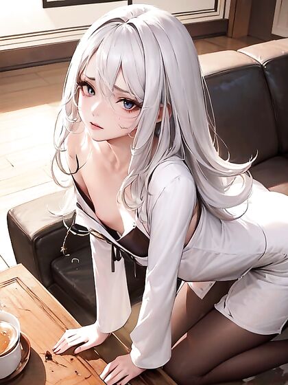 Kneeling with Messy Hair in the Living Room for Steamy Hentai Pleasure