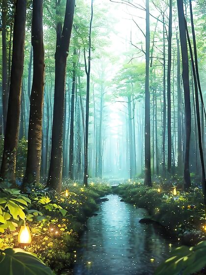 Enchanted Forest at Night: Panoramic Views and Reflective Streams Enhance the Glow