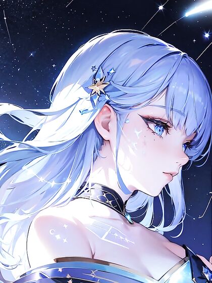 Glowing Constellations Tattooed Face Conjures Galactic Magic atop Moonlit Tower Hentai