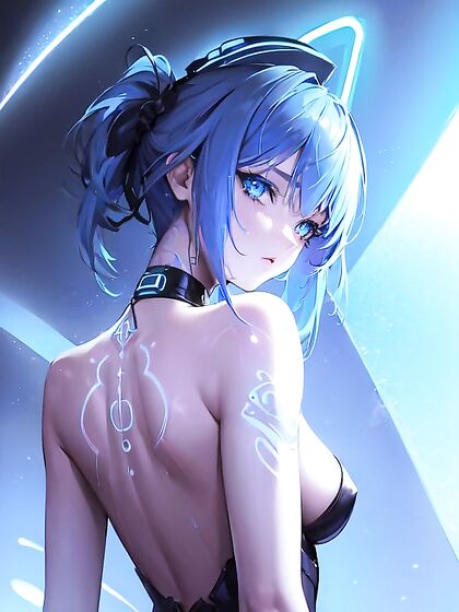 Blue Neon Milky Way Tattoos on Neck in Seductive Hentai Scenes